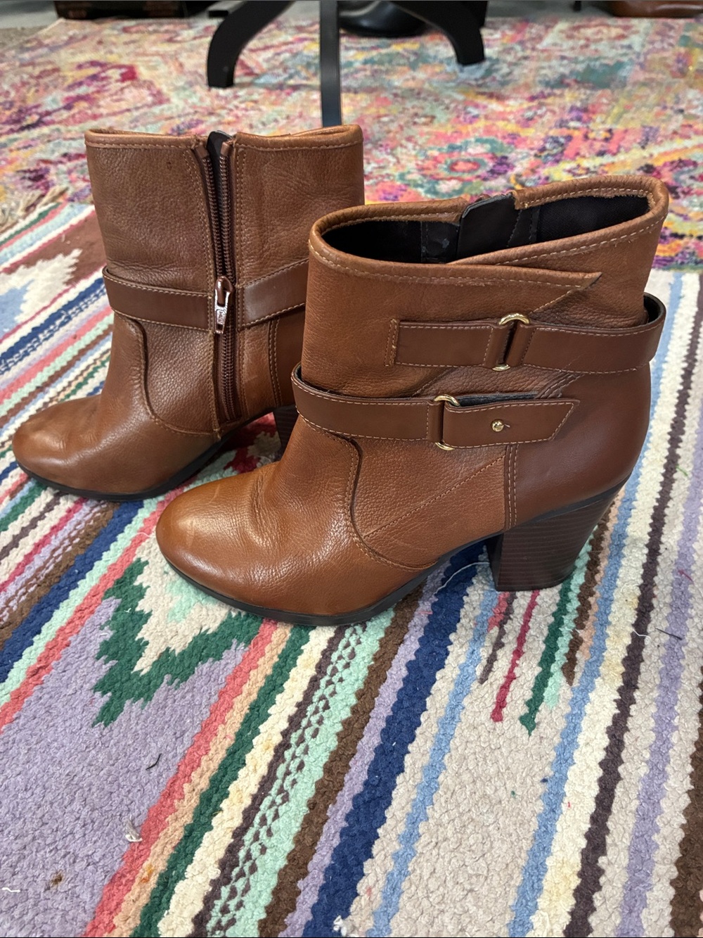 NWOT Bar III Cognac Brown Leather Ankle Booties with Buckle Strap - Picture 4 of 5